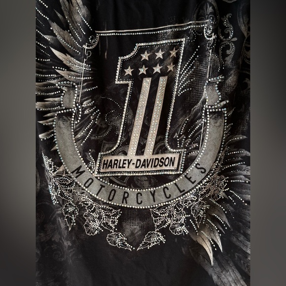 Harley-Davidson Bling Short Sleeve Tee w/Wings Race #1 Cold Shoulder Scoop Neck - Picture 3 of 6